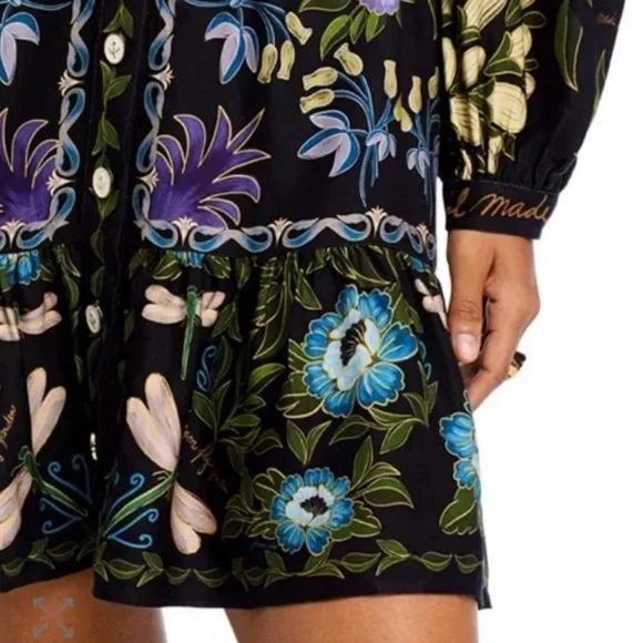 NEW FARM Rio Black Winter Garden Mini Dress Floral Birds Dragonfly Size M - Picture 6 of 7